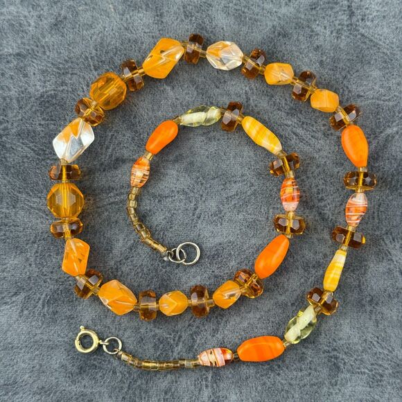 Orange Givre Swirl Glass Vintage Beaded Crystal Gold-tone Necklace UV GLOW - Picture 3 of 13